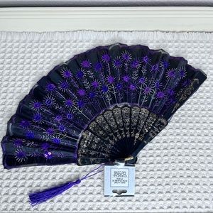 Victorian Inspired Ladies Black Purple Sequin Lace Folding Deluxe Fan